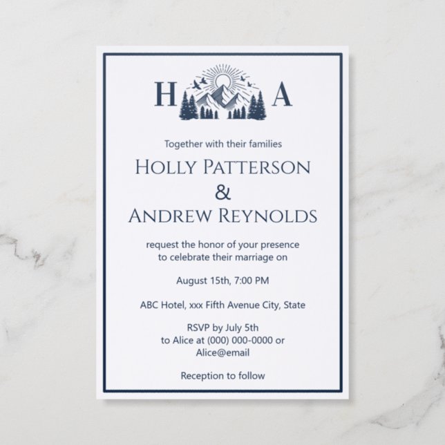 Mountains Trees Sun #2 Wedding Couple Initials Letterpress Photo Cards (Front)