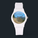 MOUNTAINS WATCH<br><div class="desc">A bright, colourful abstract design of a mountain view, with blue sky, rock and trees.</div>