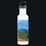 MOUNTAINS WATER BOTTLE<br><div class="desc">A bright,  colourful abstract design of a mountain view,  with blue sky,  rock and trees.</div>