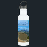 MOUNTAINS WATER BOTTLE<br><div class="desc">A bright,  colourful abstract design of a mountain view,  with blue sky,  rock and trees.</div>