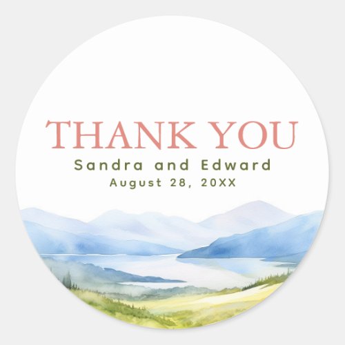 Mountains Watercolor Thank You Classic Round Sticker