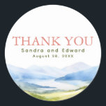 Mountains Watercolor Thank You Classic Round Sticker<br><div class="desc">Mountains elegant thank you favor tags</div>