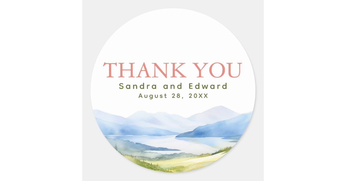 Mountains Watercolor Thank You Classic Round Sticker | Zazzle