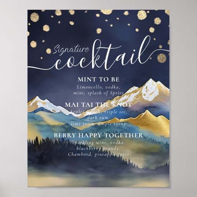 Mountains Wedding Signature Cocktails Drinks Menu Poster (Front)