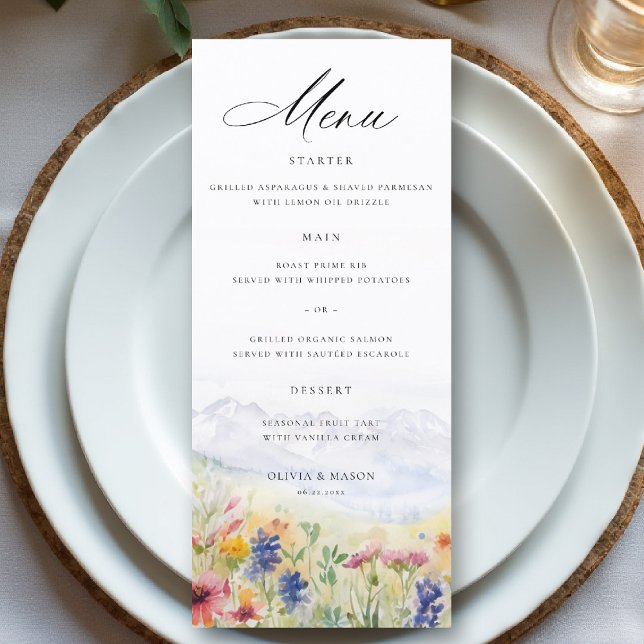 Mountains Wildflowers Meadow Whimsical Wedding Menu (mountains wedding menu wildflowers meadow floral watercolor modern elegant rustic romantic)