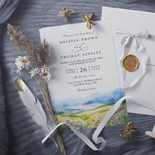 Mountains Wildflowers Rustic QR Code Wedding Invitation