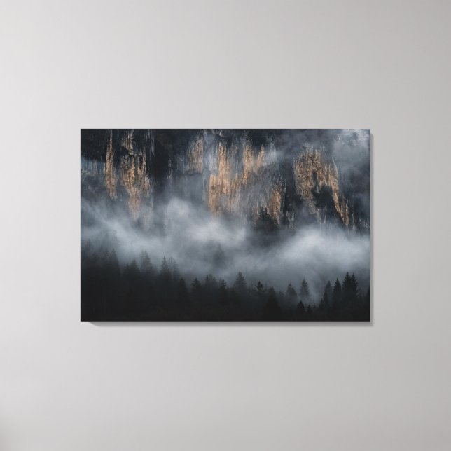 Mountains with fog through spruce forest canvas print (Front)