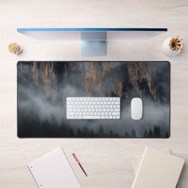 Mountains with fog through spruce forest desk mat (Office 1)