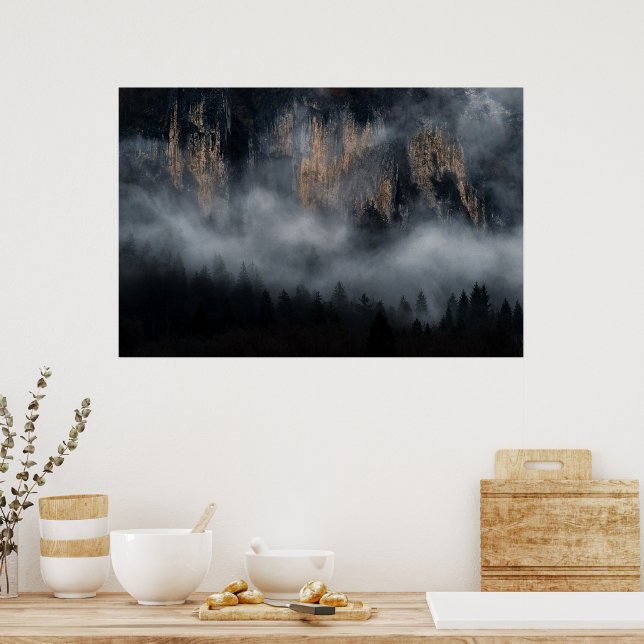 Mountains with fog through spruce forest poster (Kitchen)