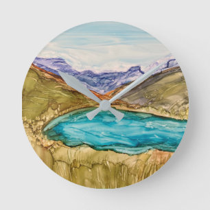 Mountains with lake round clock