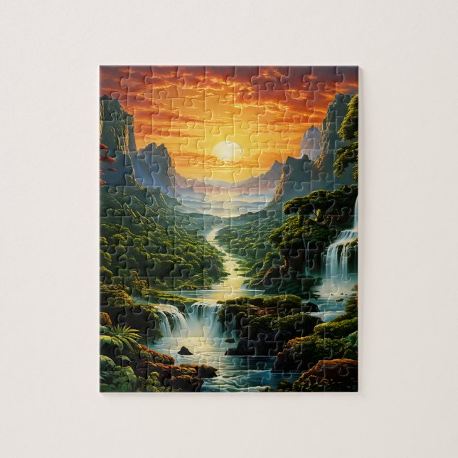 Mountains with waterfalls and glowing sun jigsaw  puzzle (Vertical)