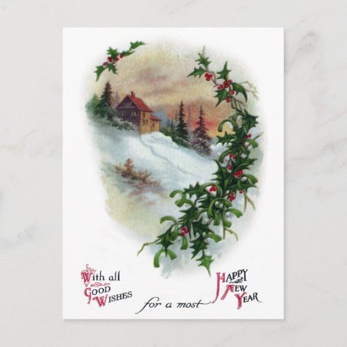 Mountainside in Winter Vintage New Year Holiday Postcard
