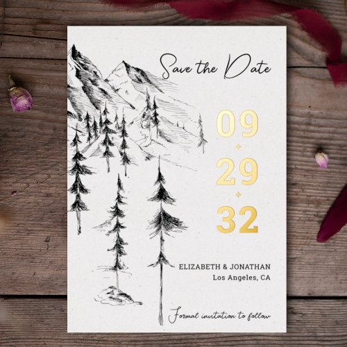 Mountaint forest hand_drawn simple elegant save th foil invitation