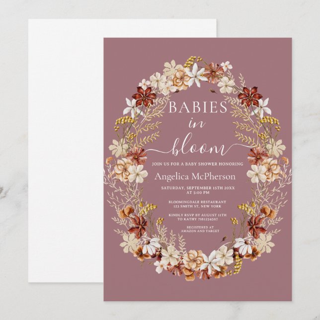 Mountbatten Pink Wild Flowers Wreath Twin Babies Invitation (Front/Back)