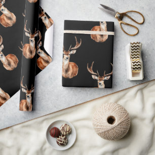 Mounted Deer Head Wildlife Black Wrapping Paper