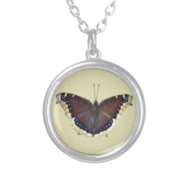 Mourning Cloak Butterfly - Nymphalis antiopa Silver Plated Necklace (Front)