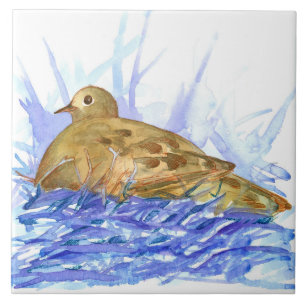 Mourning Dove Bird In A Nest Watercolor Wildlife Ceramic Tile