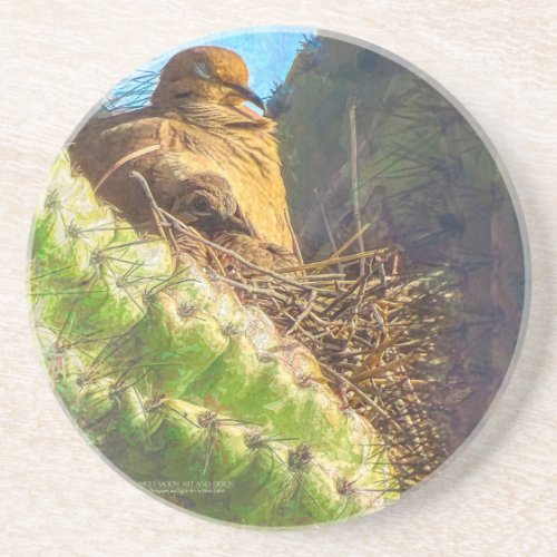 Mourning Dove Female With Baby Saguaro Cactus Nest Coaster