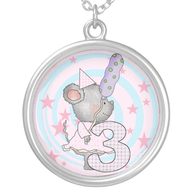 Mouse 3rd Birthday T-shirts and Gifts Silver Plated Necklace (Front)