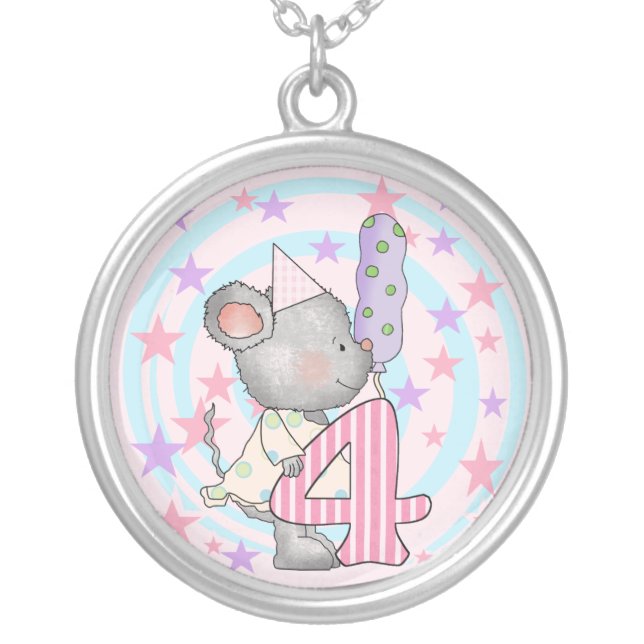 Mouse 4th birthday T-shirts and Gifts Silver Plated Necklace (Front)