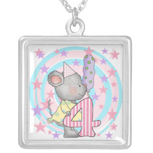 Mouse 4th birthday T-shirts and Gifts Silver Plated Necklace