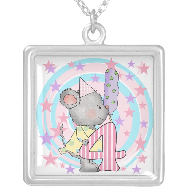 Mouse 4th birthday T-shirts and Gifts Silver Plated Necklace (Front)