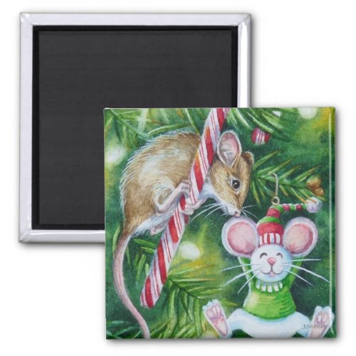 Mouse and Christmas Tree Ornament Watercolor Art Magnet