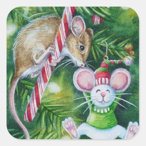 Mouse and Christmas Tree Ornament Watercolor Art Square Sticker