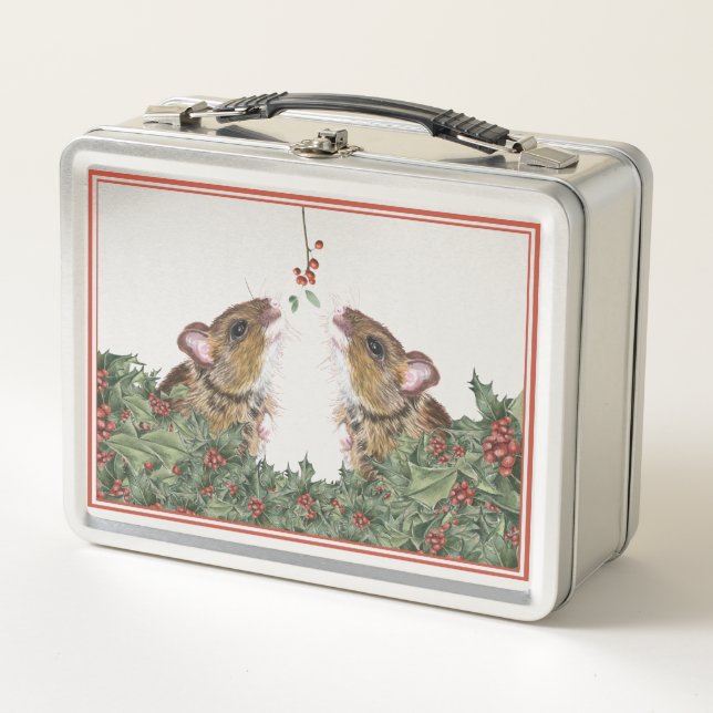 Mouse and Holly Christmas Cookie tin Metal Lunch Box (Front)