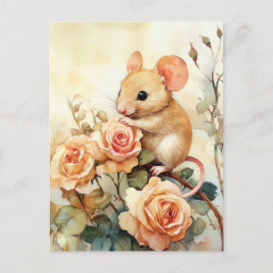 mouse and pink roses postcard