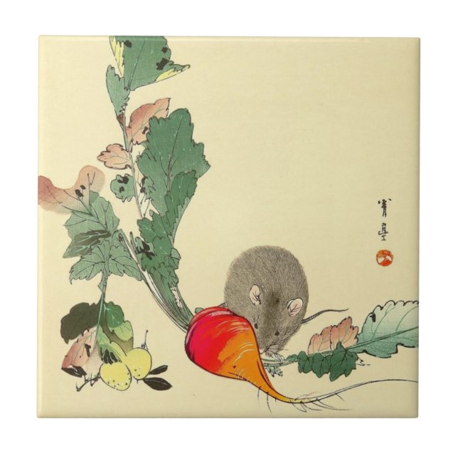 Mouse and Red Radish, Japanese Painting c.1800s Ceramic Tile (Front)