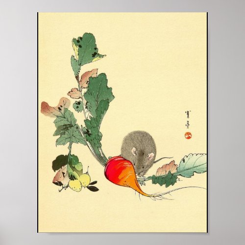 Mouse and Red Radish Japanese Painting c1800s Poster