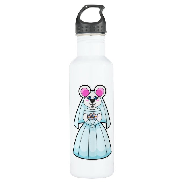 Mouse as Bride with Bunch of flowers Stainless Steel Water Bottle (Front)