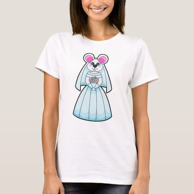 Mouse as Bride with Bunch of flowers T-Shirt (Front)