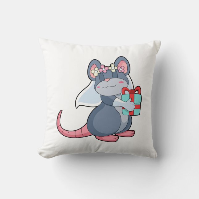 Mouse as Bride with Veil & Gift.PNG Throw Pillow (Front)