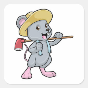 Mouse as Farmer with Axe & Hat Square Sticker