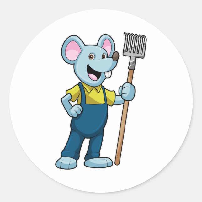 Mouse as Farmer with Rake Classic Round Sticker (Front)