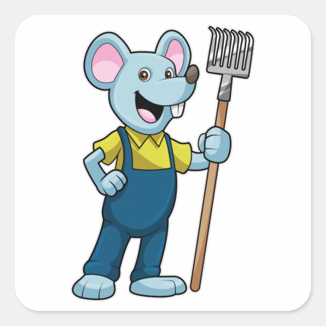 Mouse as Farmer with Rake Square Sticker (Front)