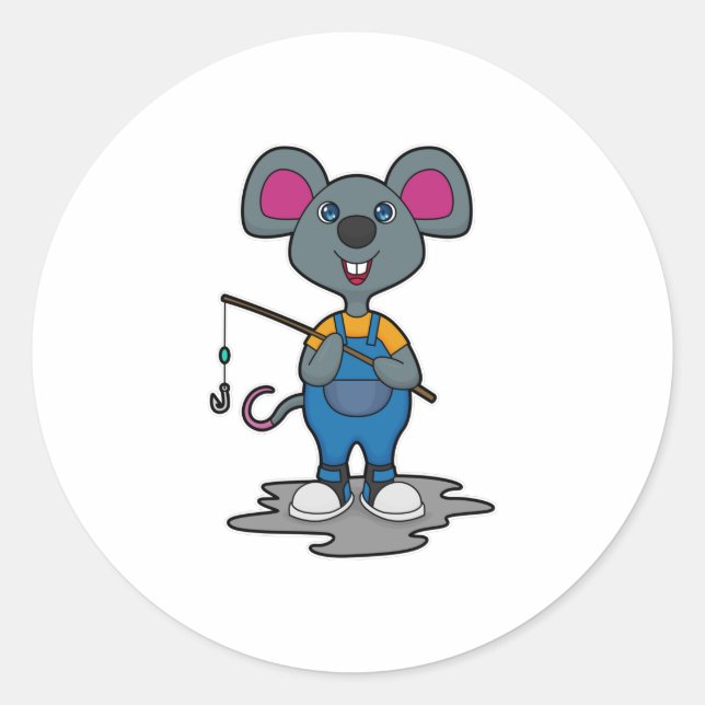 Mouse as Fisher with Fishing rod Classic Round Sticker (Front)