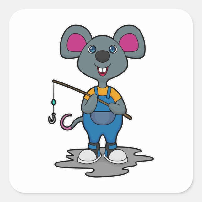 Mouse as Fisher with Fishing rod Square Sticker (Front)