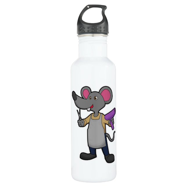 Mouse as Hairdresser with Scissors & Hair dryer Stainless Steel Water Bottle (Front)