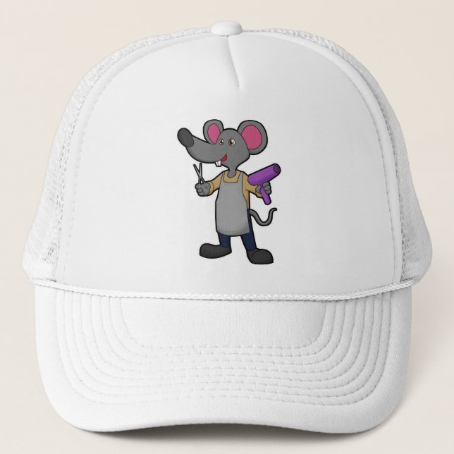 Mouse as Hairdresser with Scissors & Hair dryer Trucker Hat (Front)