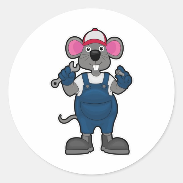 Mouse as Mechanic with Screw & Spanner Classic Round Sticker (Front)