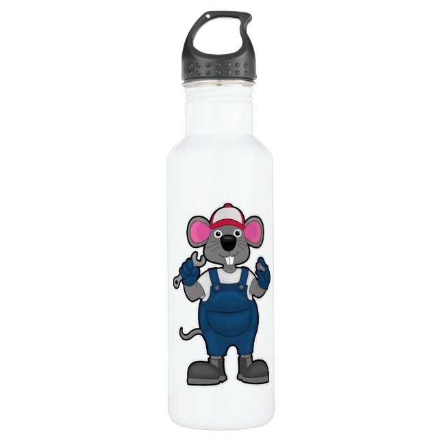 Mouse as Mechanic with Screw & Spanner Stainless Steel Water Bottle (Front)