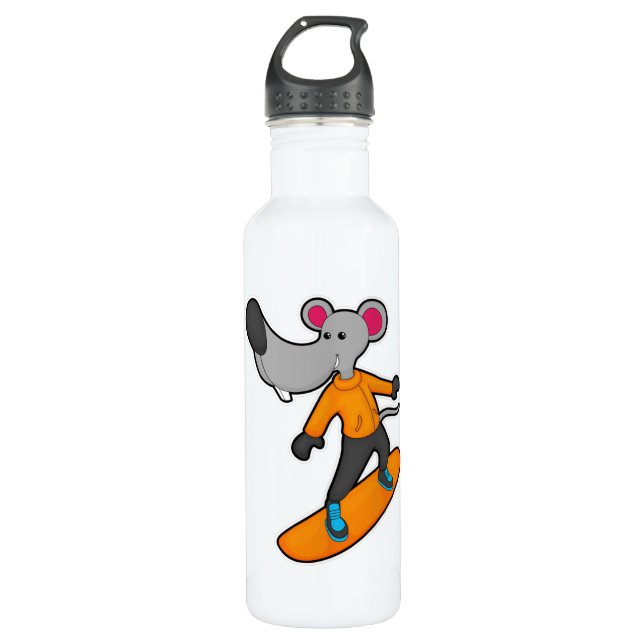 Mouse as Snowboarder with Snowboard Stainless Steel Water Bottle (Front)