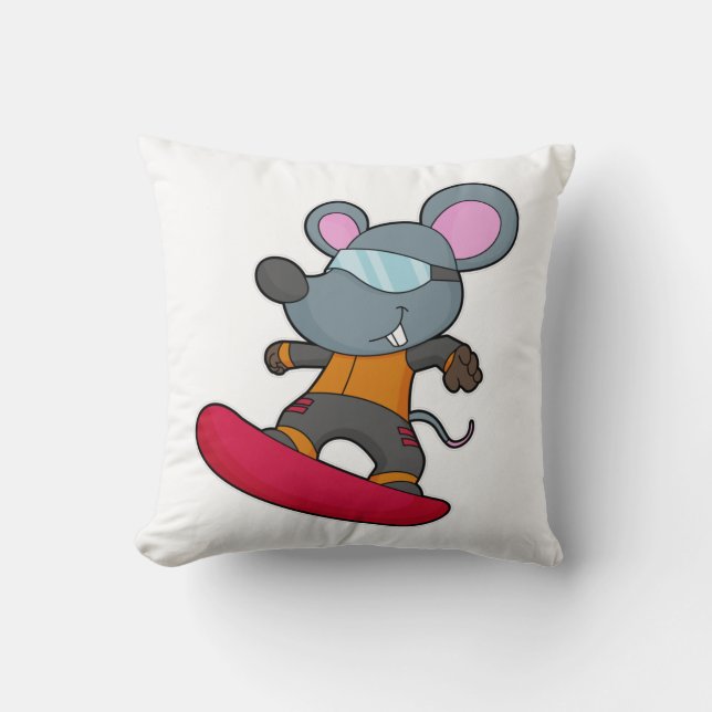 Mouse as Snowboarder with Snowboard Throw Pillow (Front)