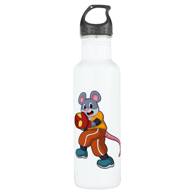 Mouse at Baseball with Baseball glove Stainless Steel Water Bottle (Front)
