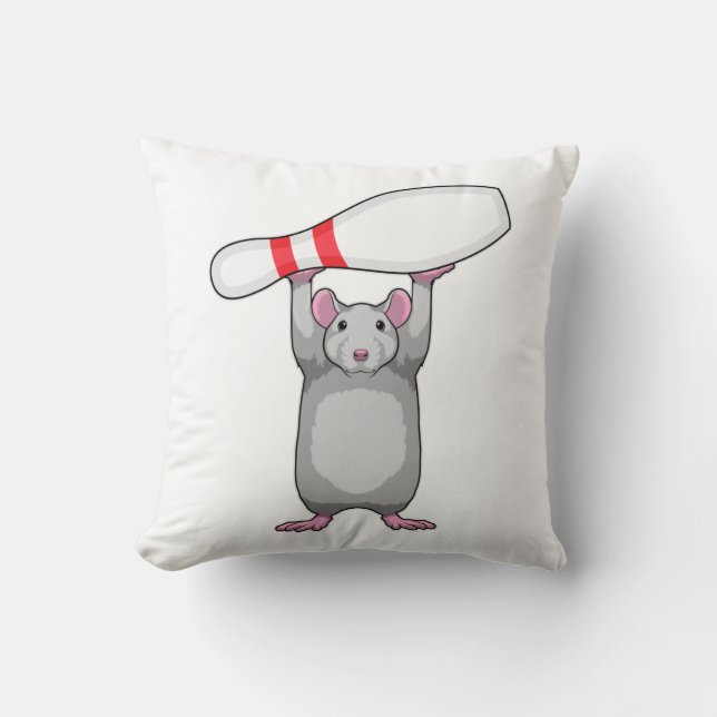 Mouse at Bowling with Bowling pin Throw Pillow (Front)