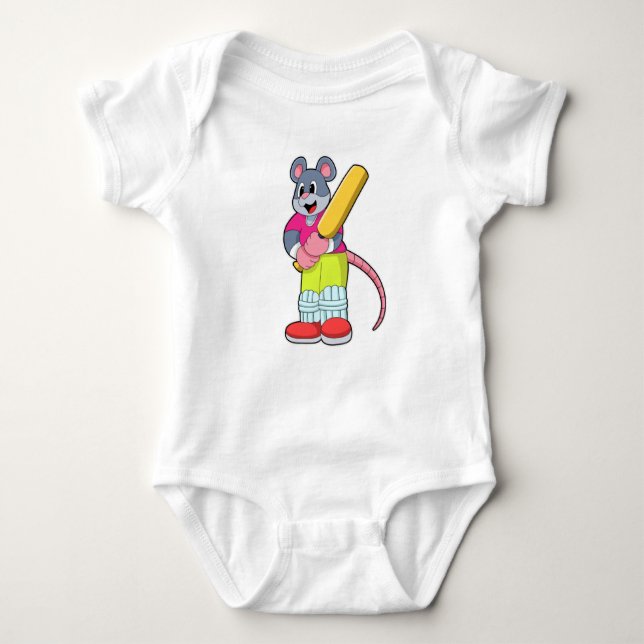 Mouse at Cricket with Cricket bat Baby Bodysuit (Front)