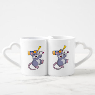 Mouse at Cricket with Cricket bat Coffee Mug Set